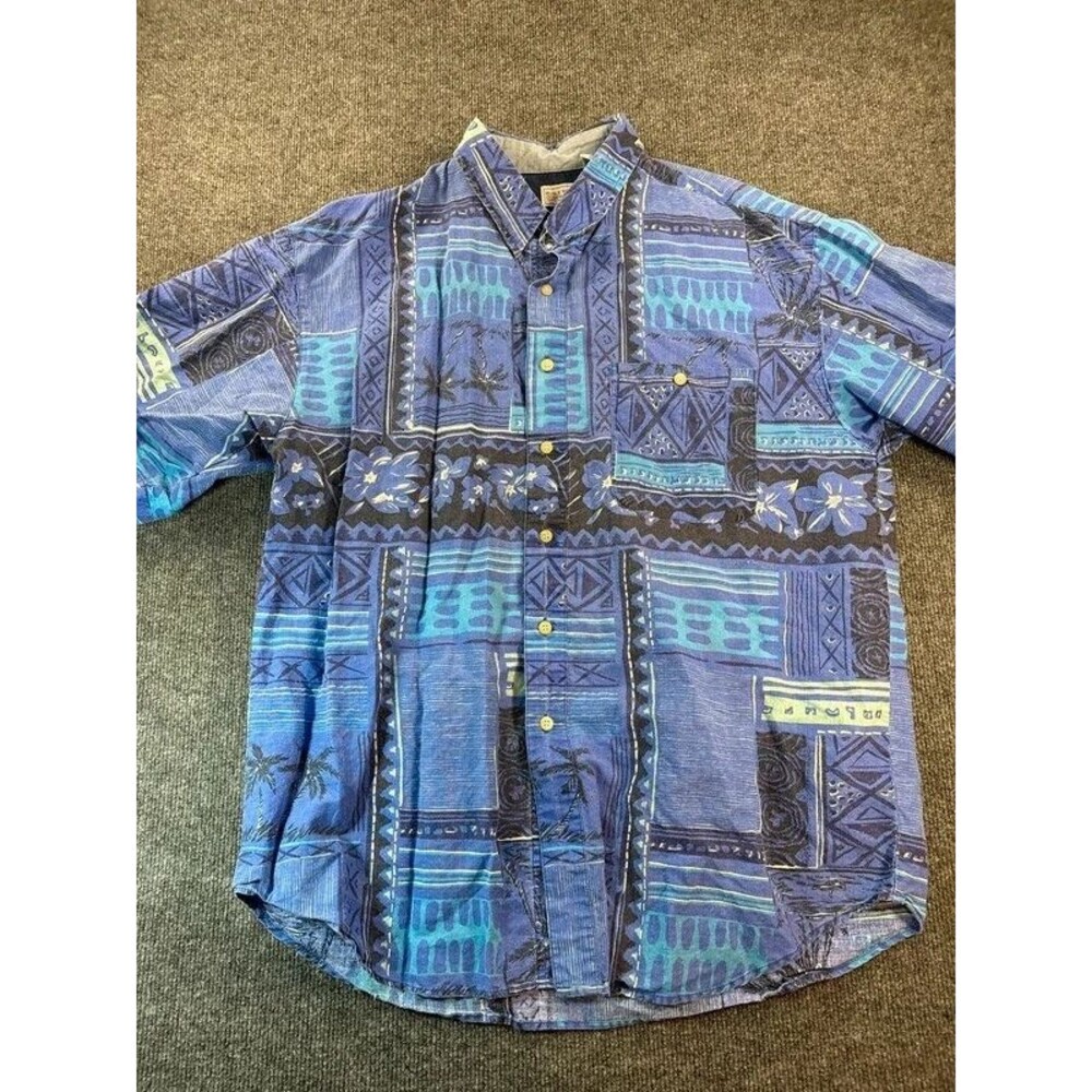 Vintage 90s Bugle Boy Abstract Tropical Tribal Geometric Shirt XL Ramie Cotton